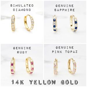 14K Yellow Gold Gemstone Channel Set Diamond Huggie Hoop Earrings